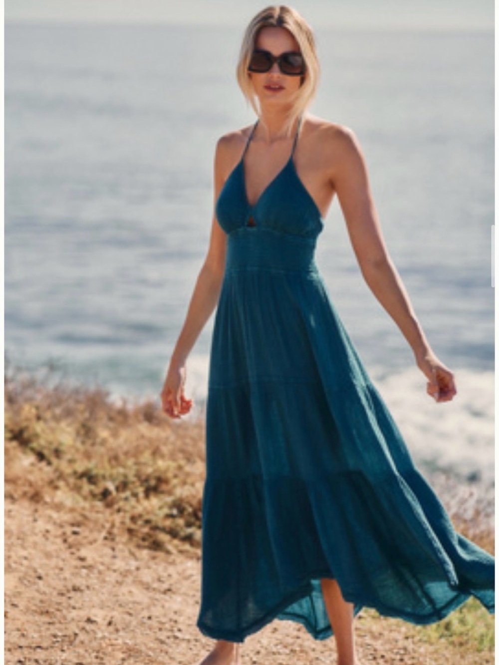 BY ANTHROPOLOGIE SMOCKED HALTER DRESS in Blue size M